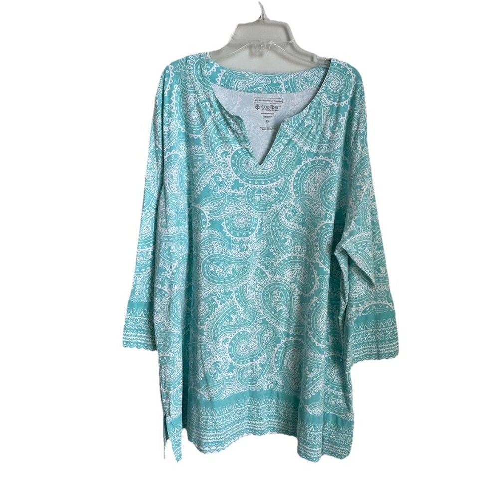 Coolibar Teal Paisley 3/4 Sleeve St Lucia Tunic Top UPF 50